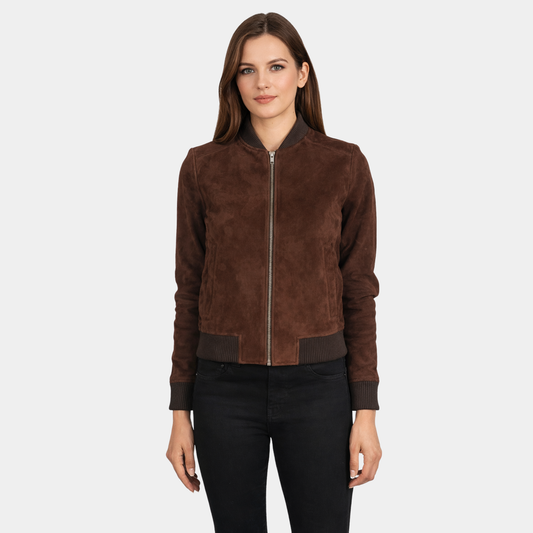Bliss Brown Suede Bomber Jacket - Leather Clan