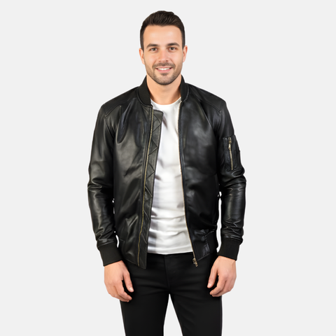 Bomia Ma-1 Black Leather Bomber Jacket