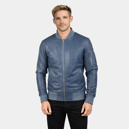 Bomia Blue Leather Bomber Jacket