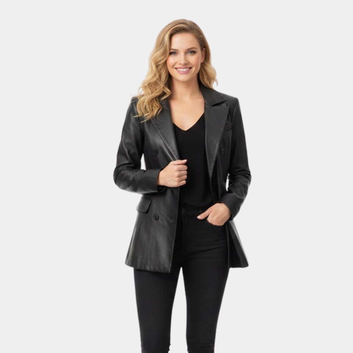 Breanna Women Double Breasted Black Leather Blazer