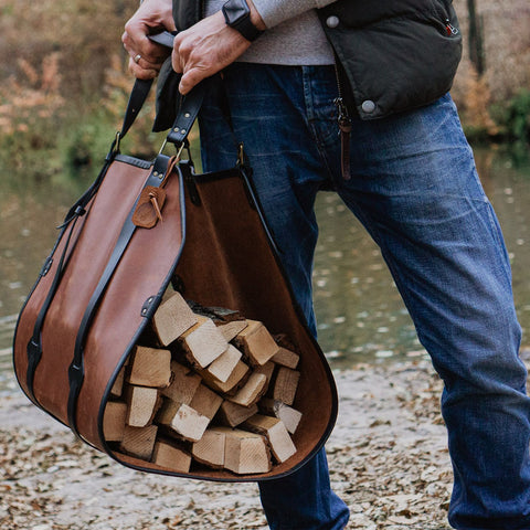 Gift for Home- Brown Leather Log Carrier