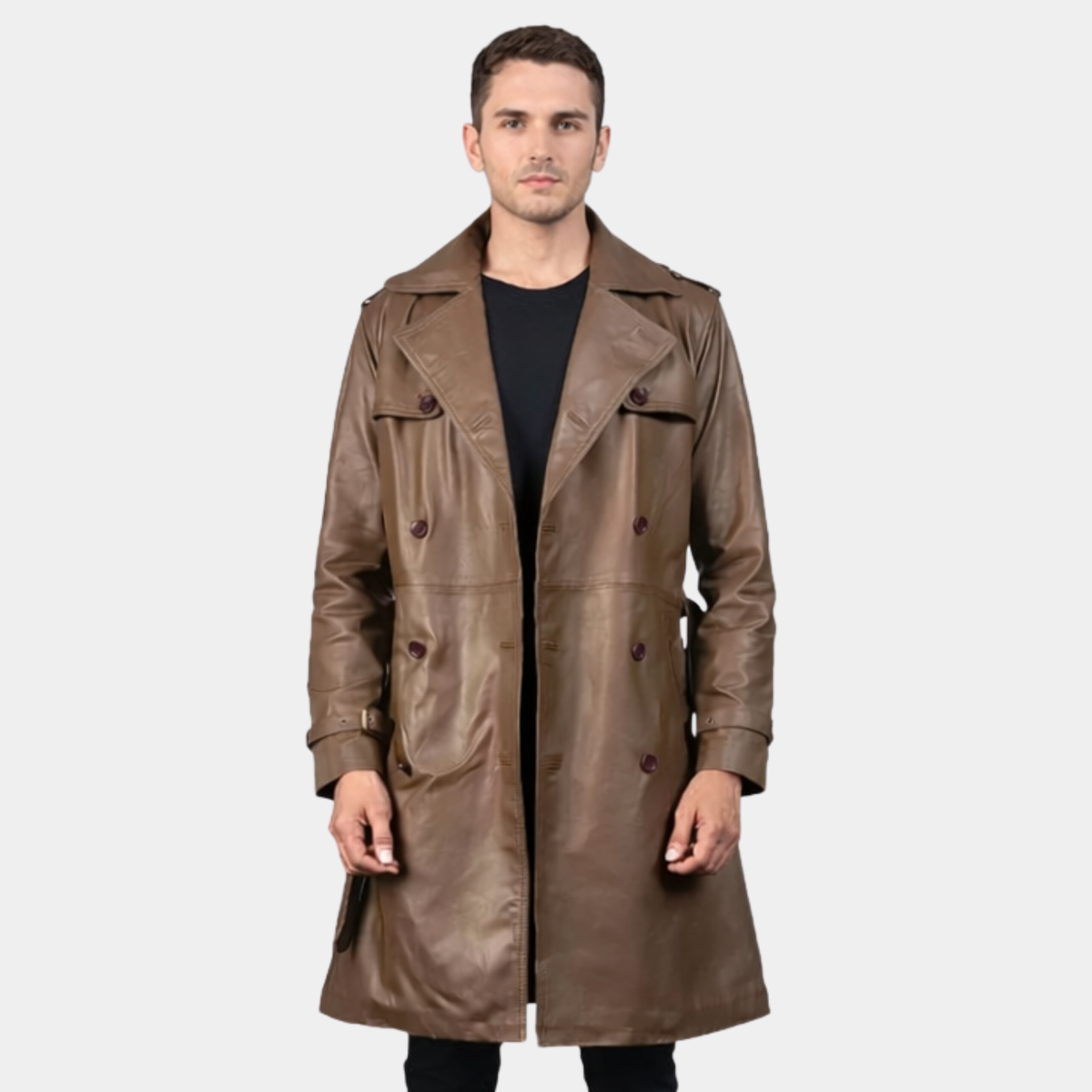 Brown Leather Duster Coat - Belted Coat