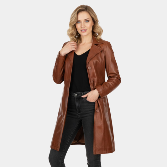 Bryson Womens Cognac Brown Leather Car Coat