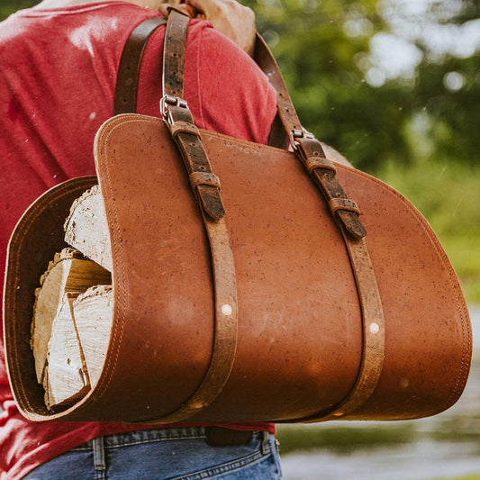 Buffalo Leather Log Carrier | Handcrafted Firewood Tote