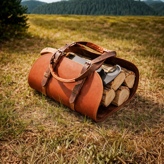 Buffalo Leather Log Carrier | Handcrafted Firewood Tote