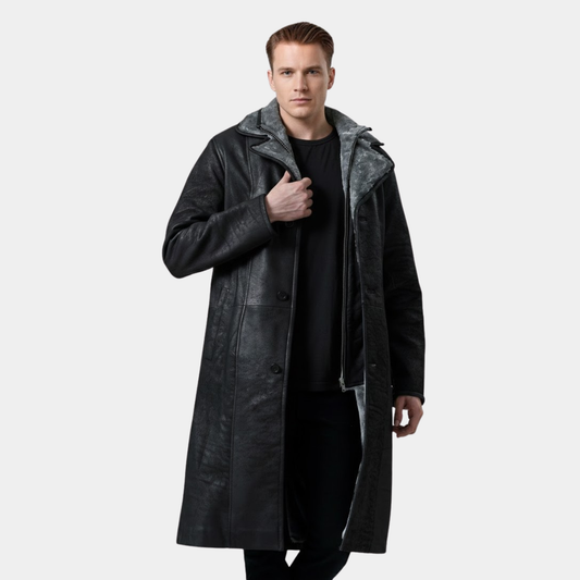 Cai Distressed Black Leather Shearling Coat