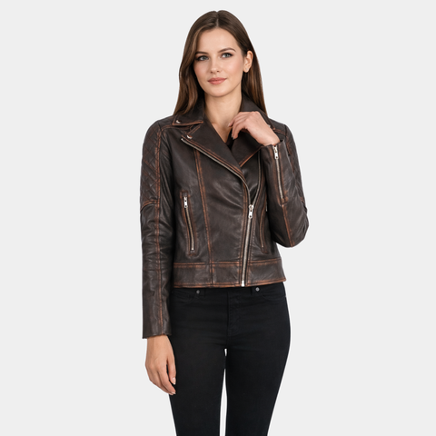 Carolyn Quilted Vintage Brown Biker Jacket - Leather Clan