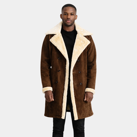 Charles Brown Suede Leather Shearling Double-Breasted Coat - Leather Clan