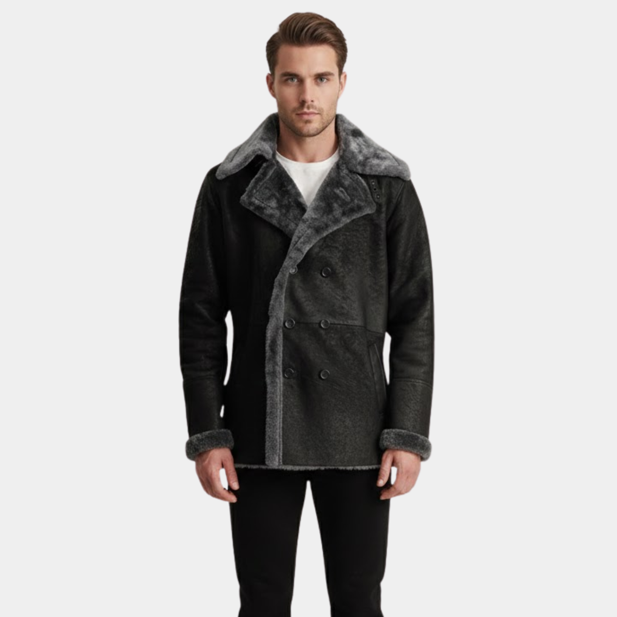 Charles Distressed Black Leather Shearling Double-Breasted Coat