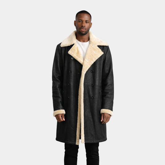 Charles Tumbled Black Leather Shearling Double-Breasted Coat