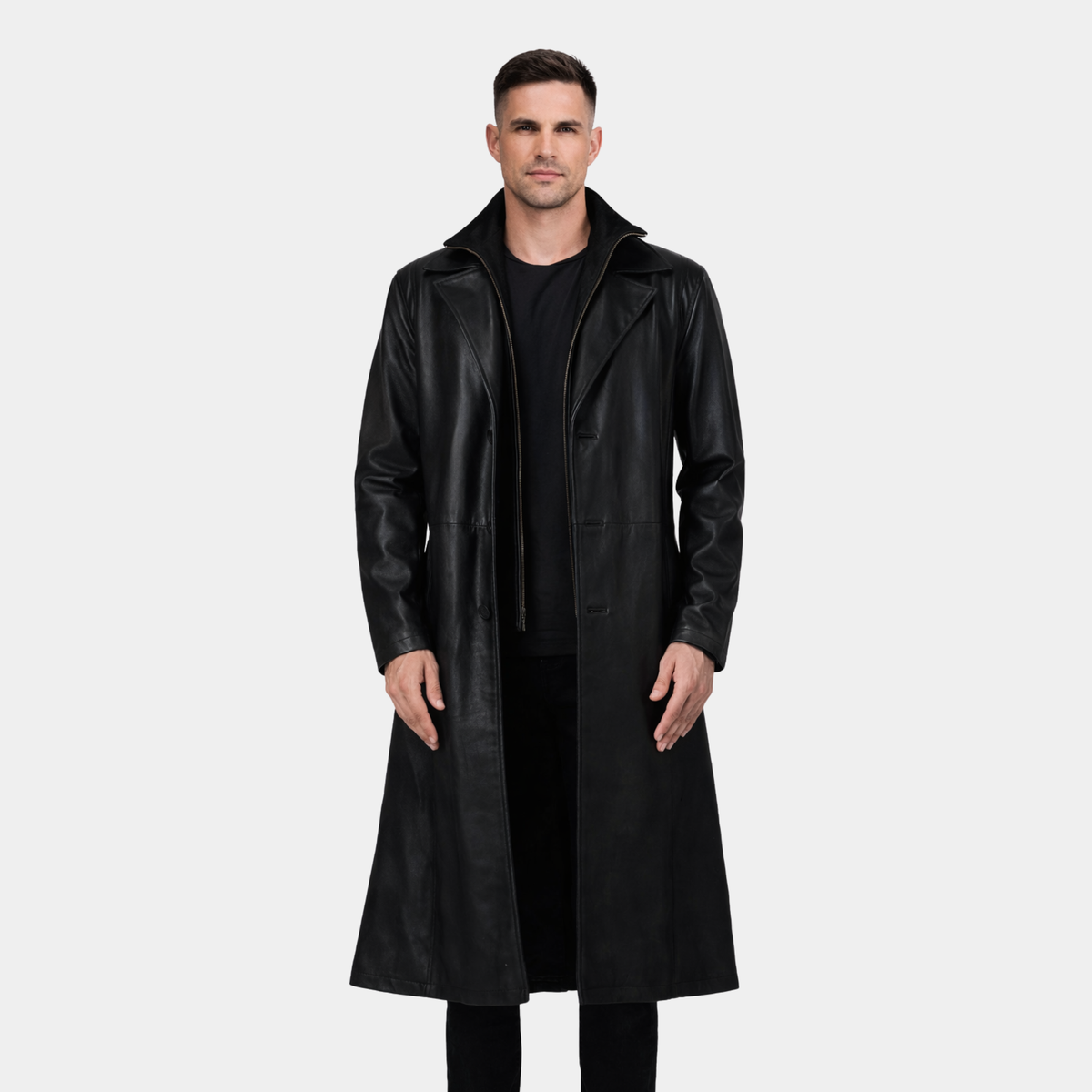 Charlton Black Leather Single Breasted Coat