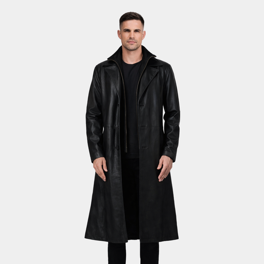 Charlton Black Leather Single Breasted Coat