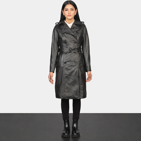 Alice Black Double Breasted Leather Coat - Leather Clan