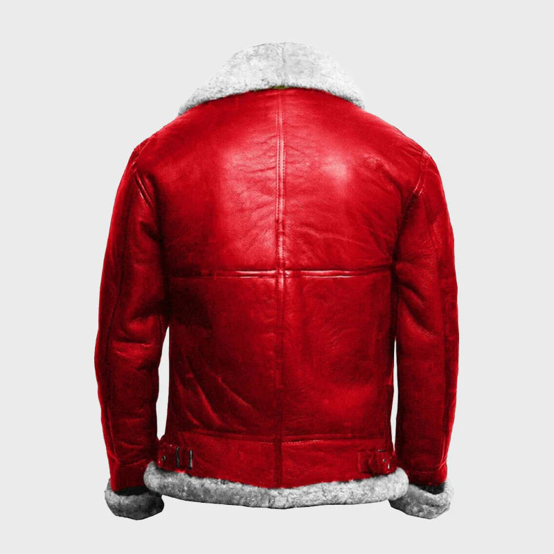 Holiday Christmas Red Bomber Aviator Jacket | Fur Collar Genuine Leather Jacket
