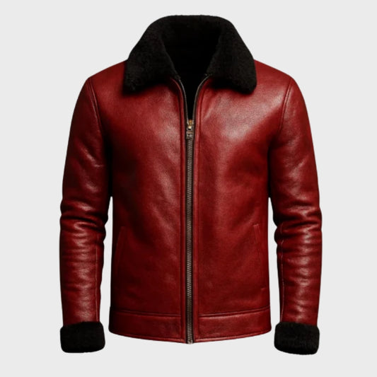 Men’s Red Christmas Leather Jacket, Santa Claus Inspired Shearling Coat