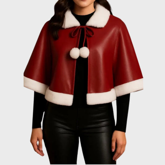 Christmas Women’s Leather Jacket Cape: Red White Santa Style Handmade Jacket