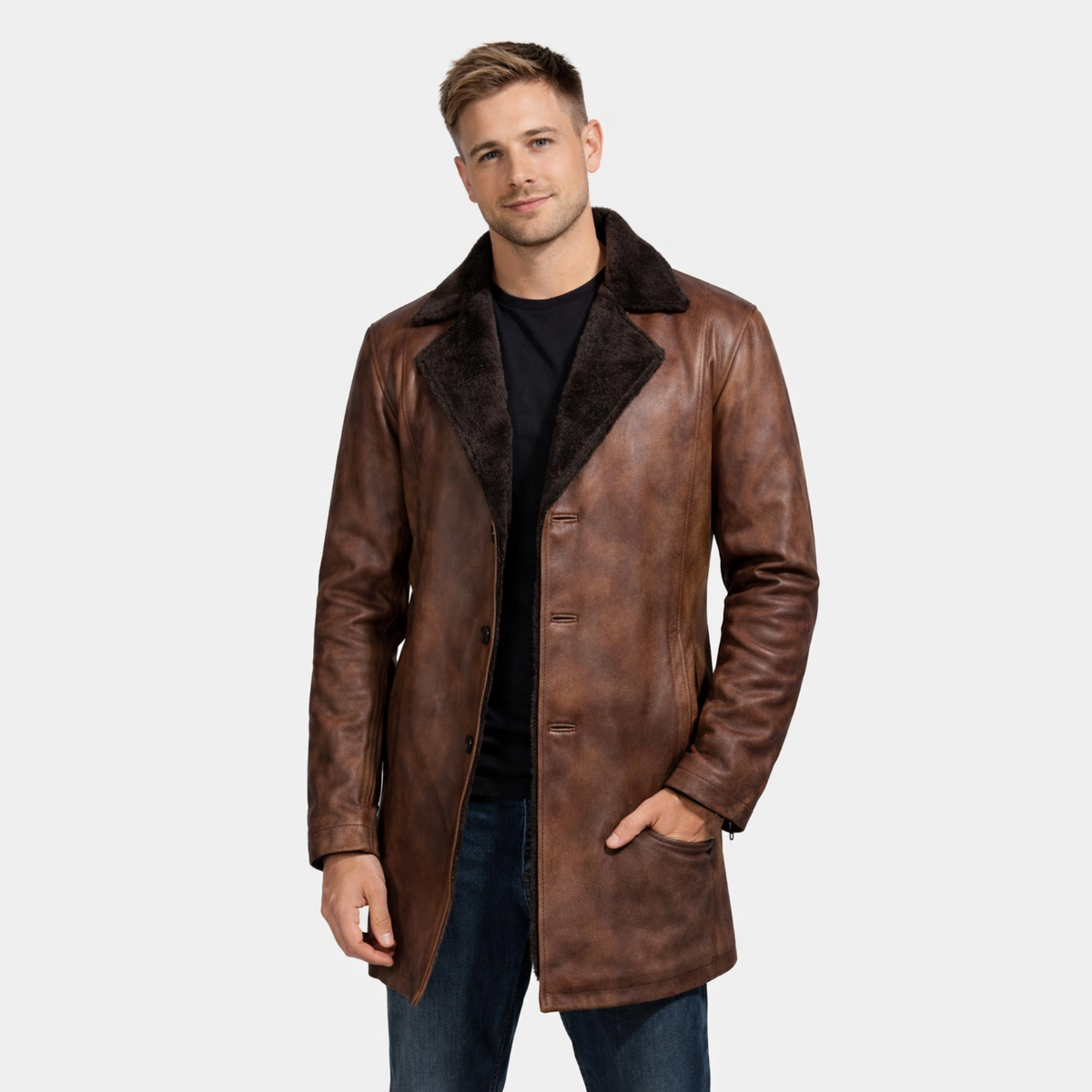 Cinnamon Distressed Leather Fur Coat