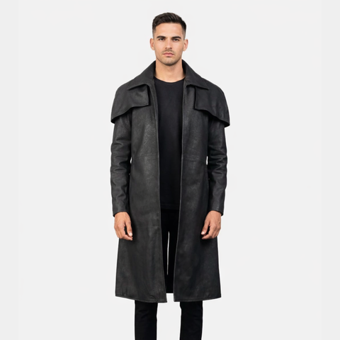 Classic Distressed Black Leather Duster