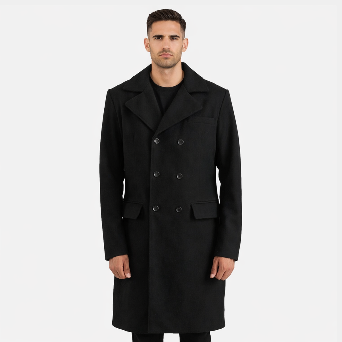 Claud Black Wool Double Breasted Coat