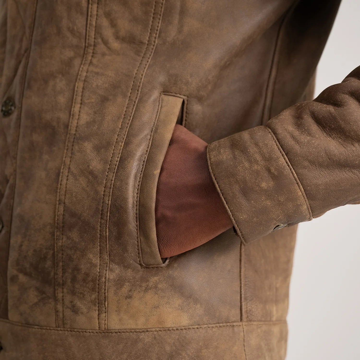 Dallis Distressed Brown Leather Shearling Trucker Jacket