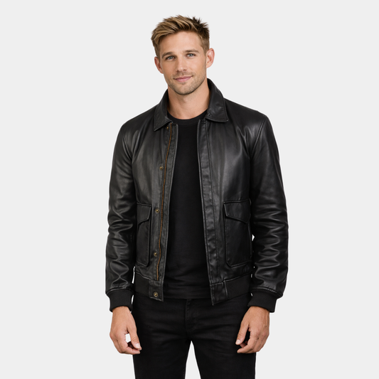 Coffmen Black A2 Leather Bomber Jacket