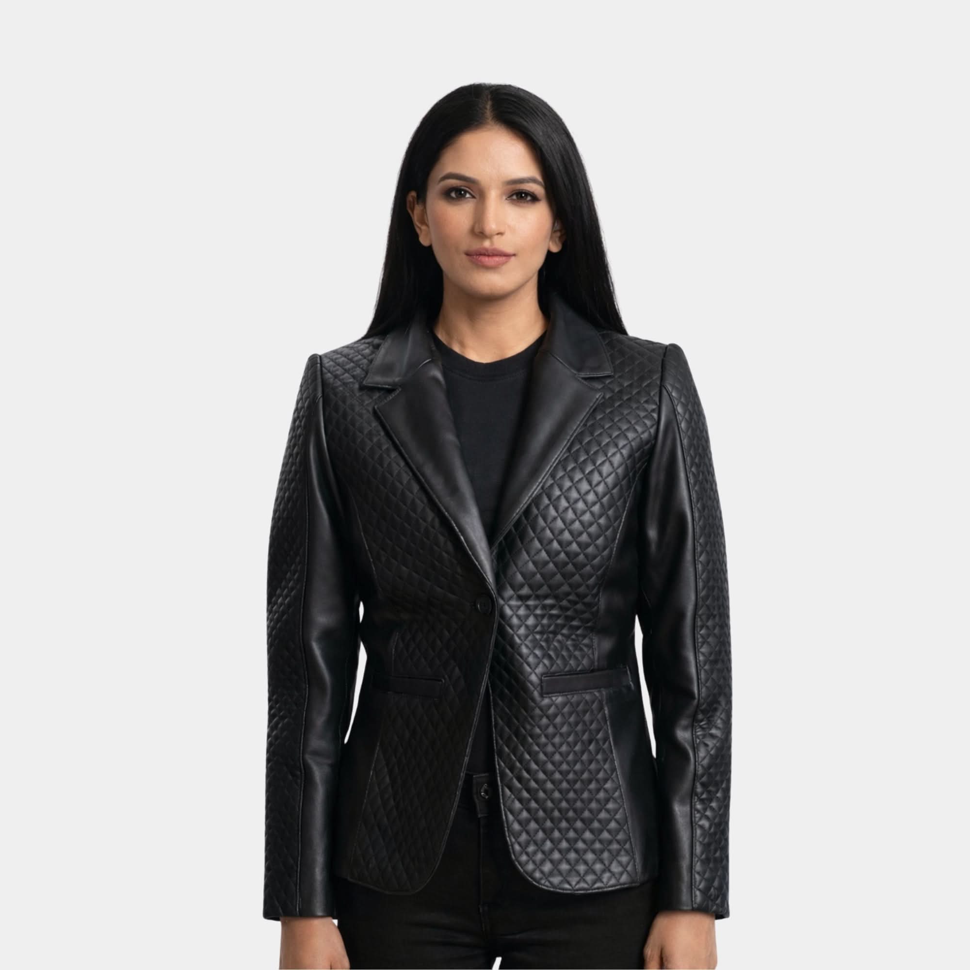 Cora Quilted Black Leather Blazer - Leather Clan