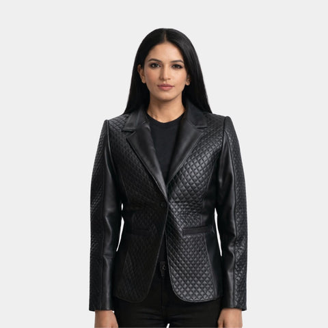 Cora Quilted Black Leather Blazer - Leather Clan