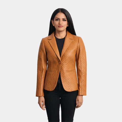 Cora Quilted Brown Leather Blazer - Leather Clan