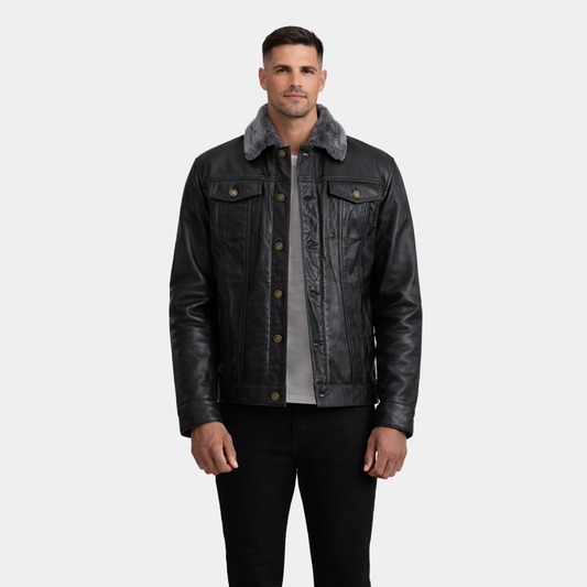 Dallis Black Leather Shearling Trucker Jacket