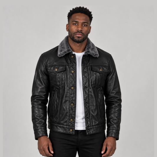 Dallis Black Leather Shearling Trucker Jacket