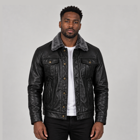 Dallis Black Leather Shearling Trucker Jacket