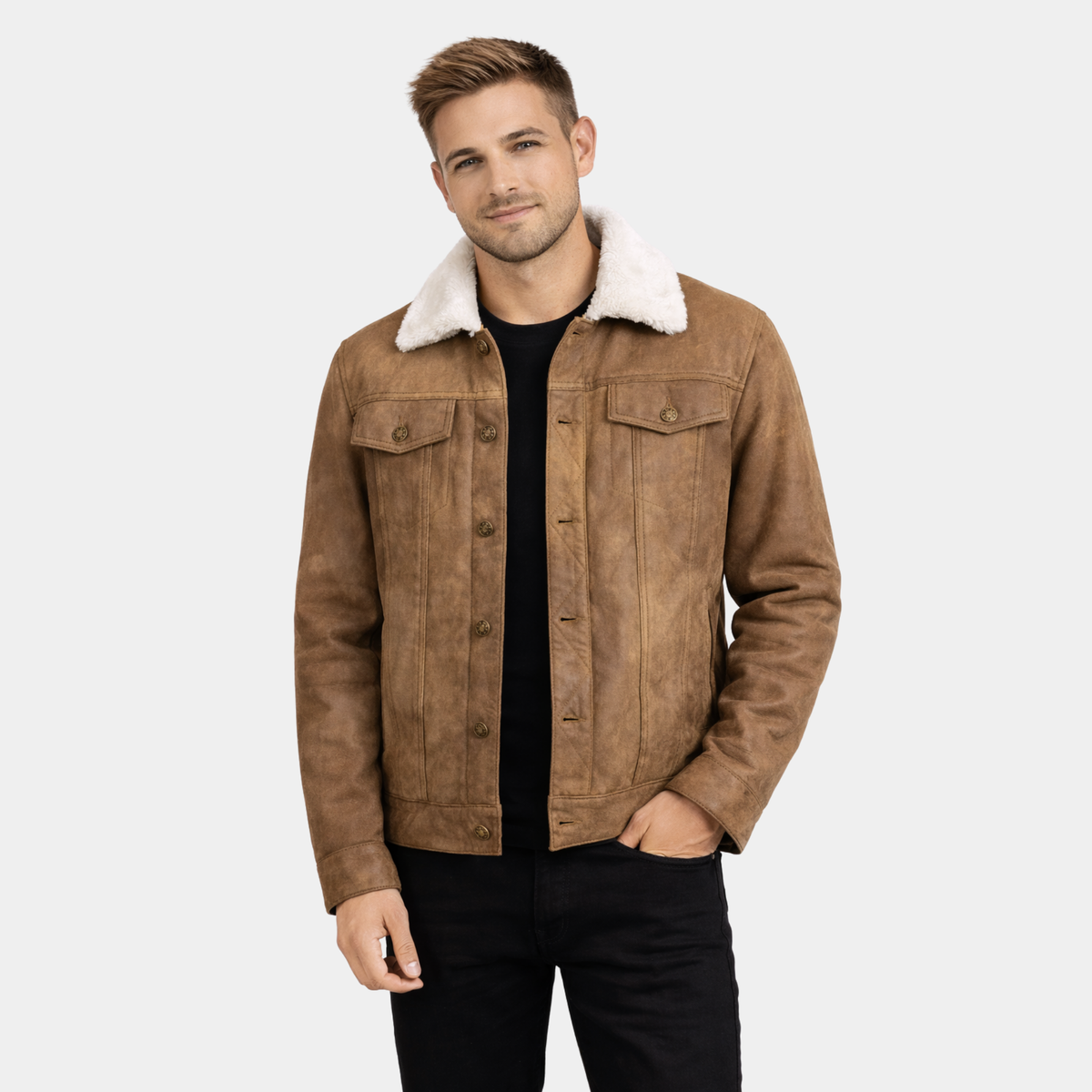 Dallis Distressed Brown Leather Shearling Trucker Jacket