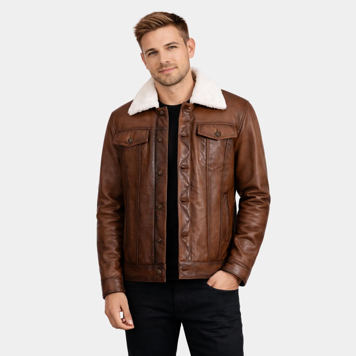 Dallis Brown Leather Shearling Trucker Jacket