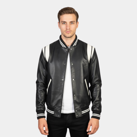 Dantee Black Leather Varsity Jacket - Leather Clan