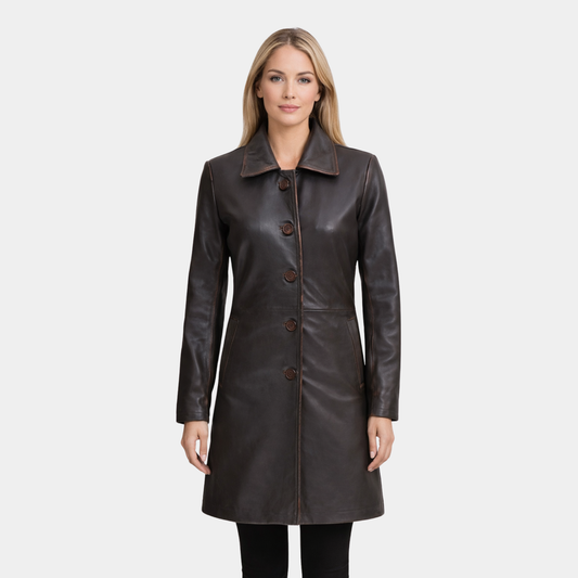Dark Brown Women Leather Car Coat