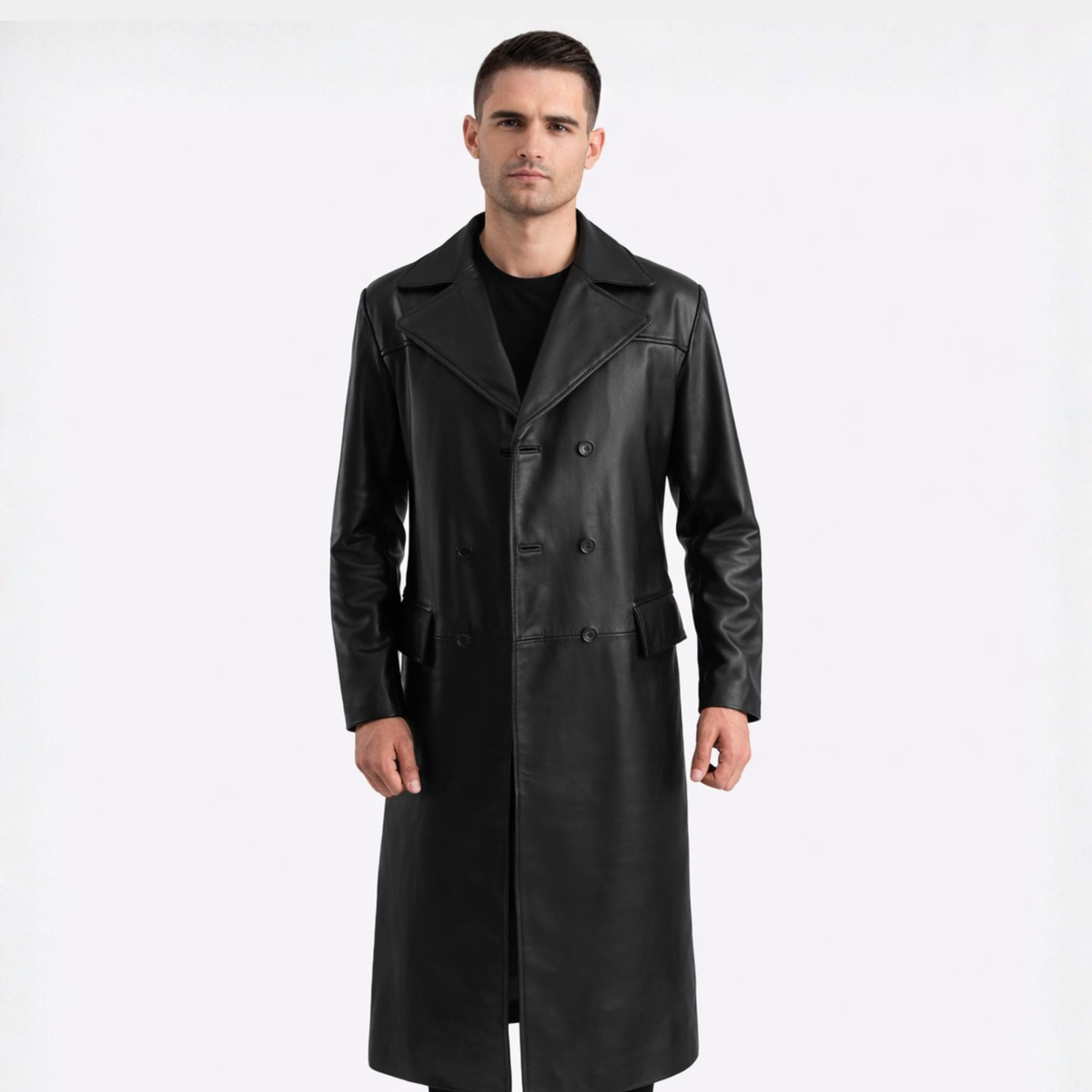 Delmar Black Leather Double Breasted Coat