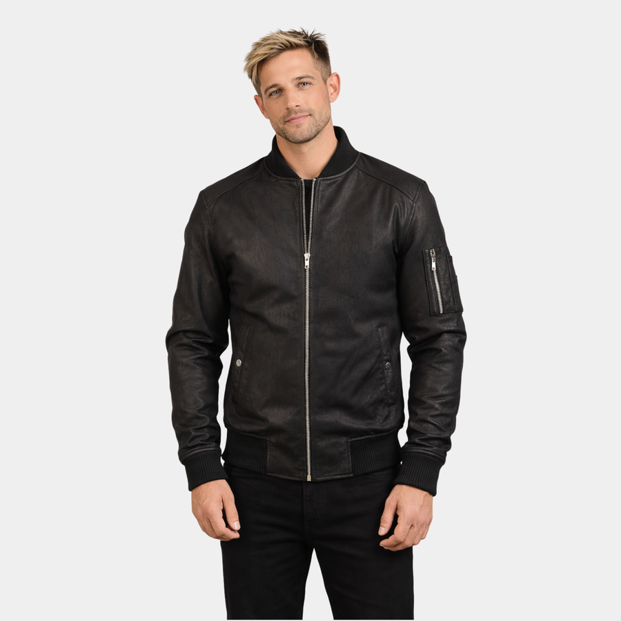 Men's Mercer Black MA-1 Leather Bomber Jacket