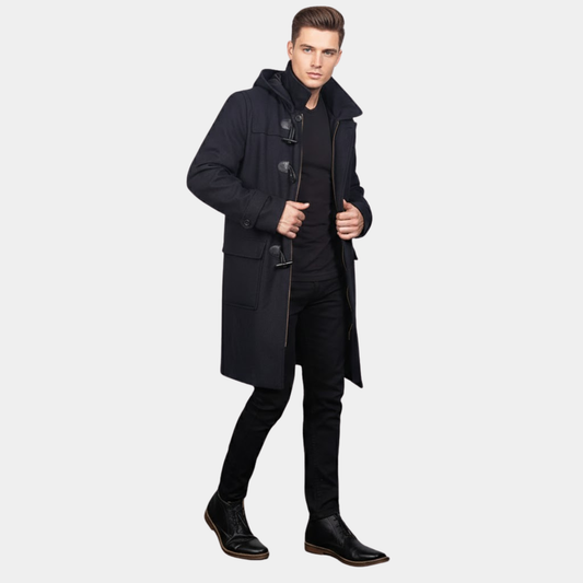 Drake Black Wool Hooded Duffle Coat