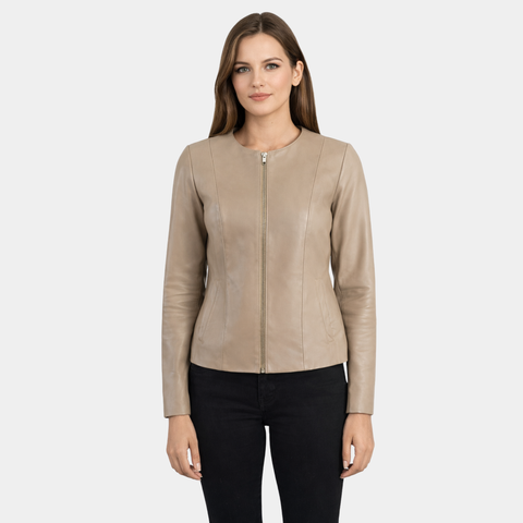Elixir Beige Collarless Leather Jacket