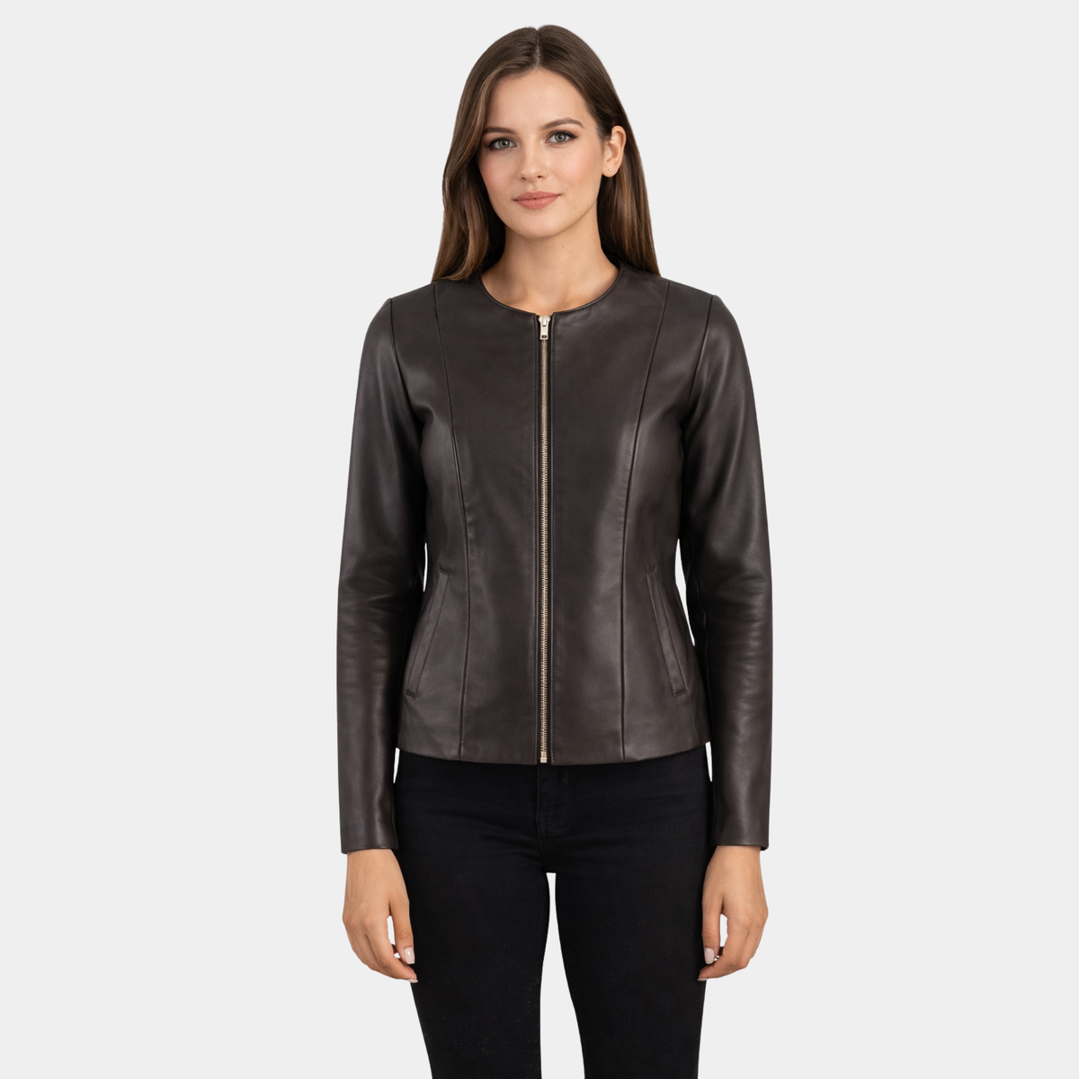 Elixir Brown Collarless Leather Jacket