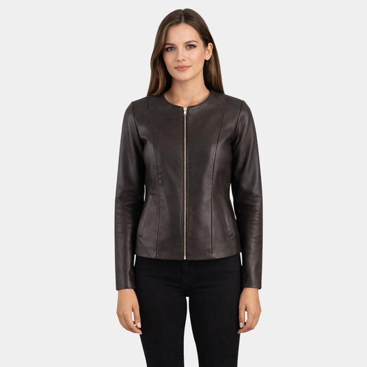 Elixir Brown Collarless Leather Jacket