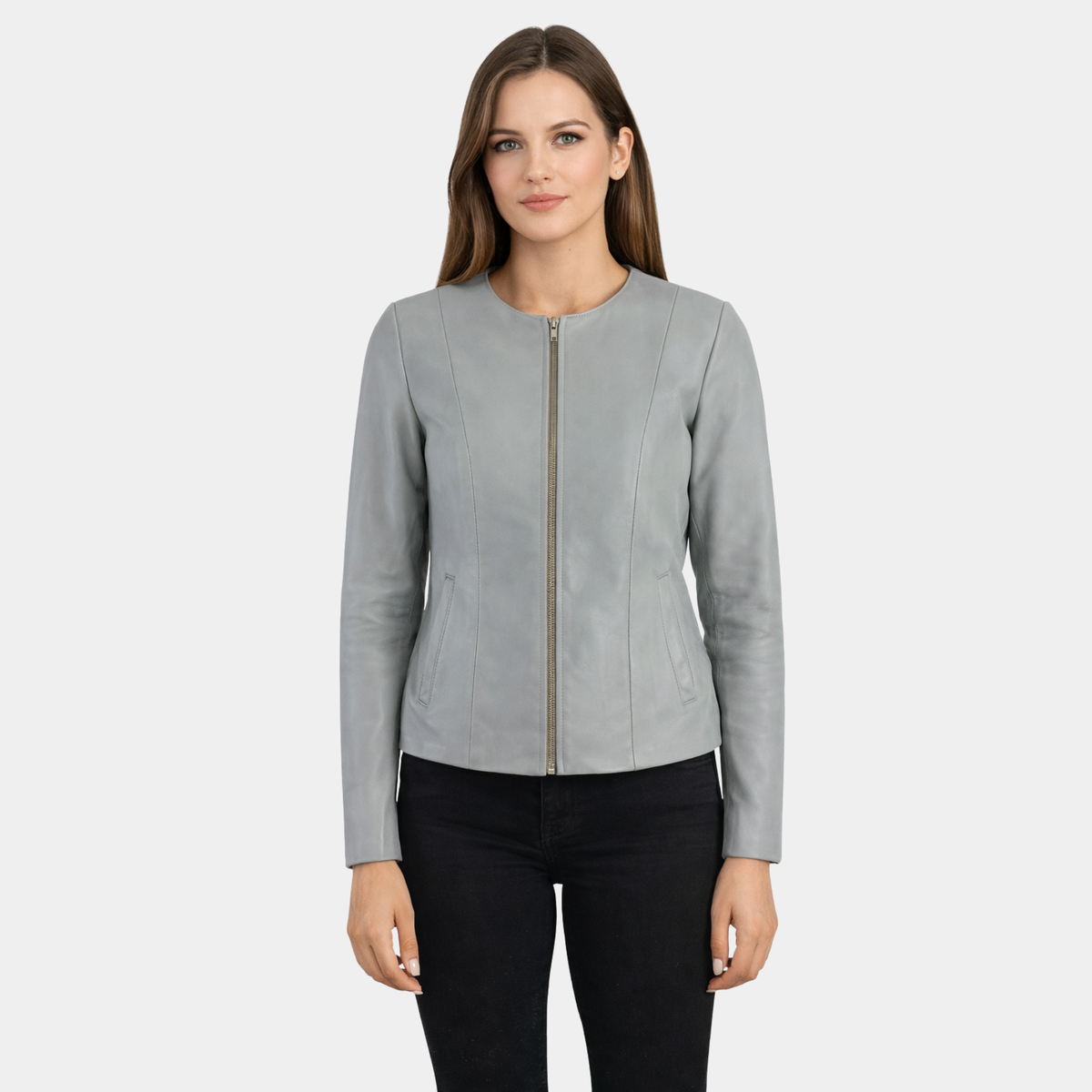 Elixir Grey Collarless Leather Jacket