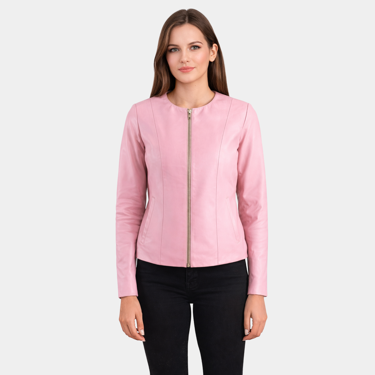 Elixir Pink Collarless Leather Jacket