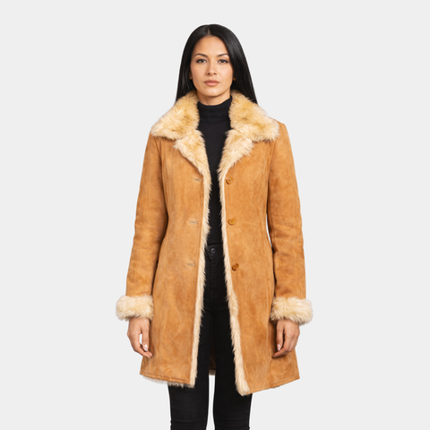 Erica Shearling Beige Leather Coat - Leather Clan