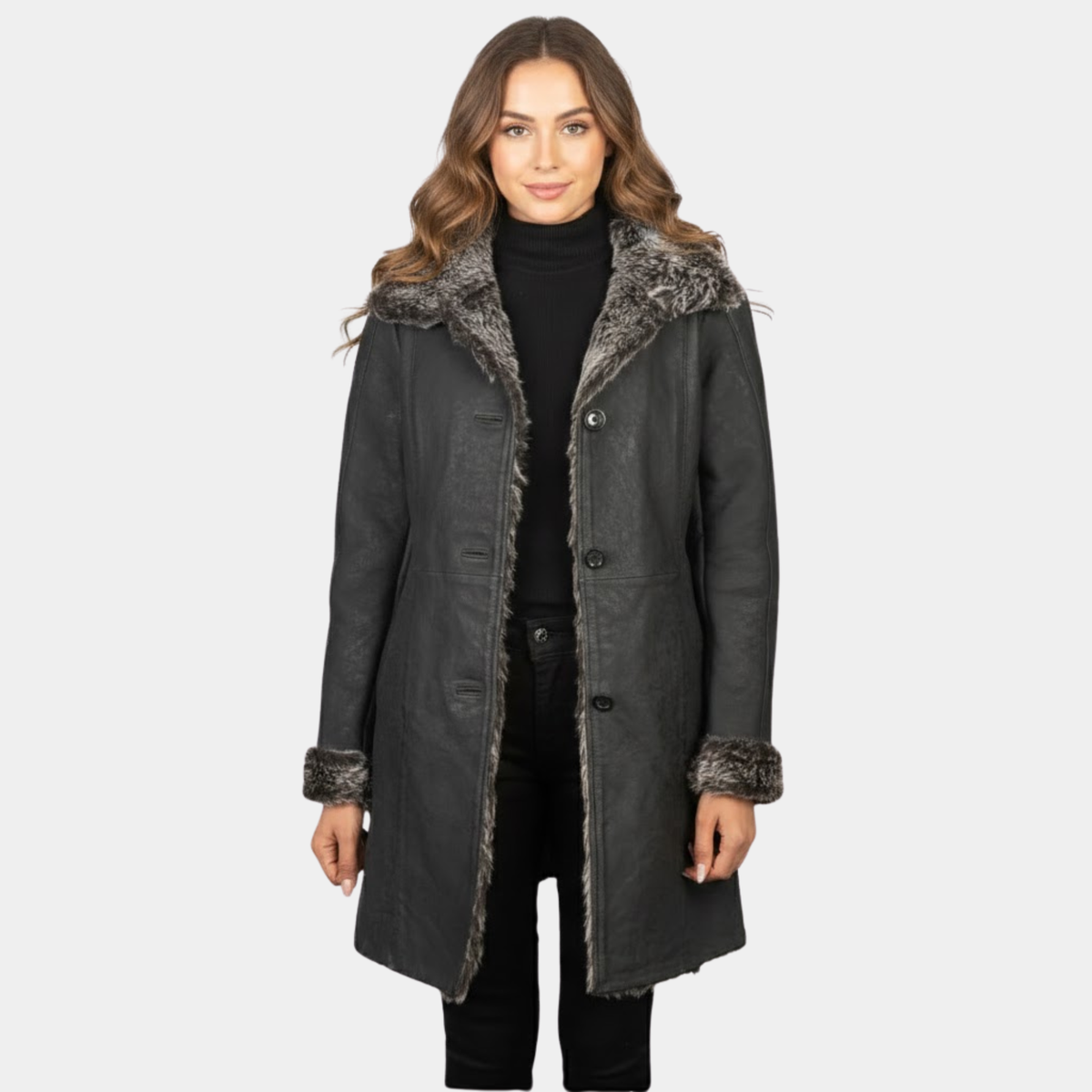 Erica Shearling Black Leather Coat - Leather Clan