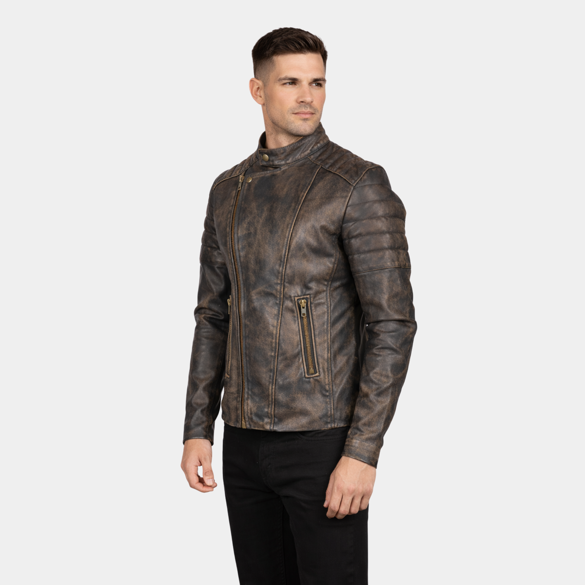 Faisor Distressed Brown Leather Biker Jacket