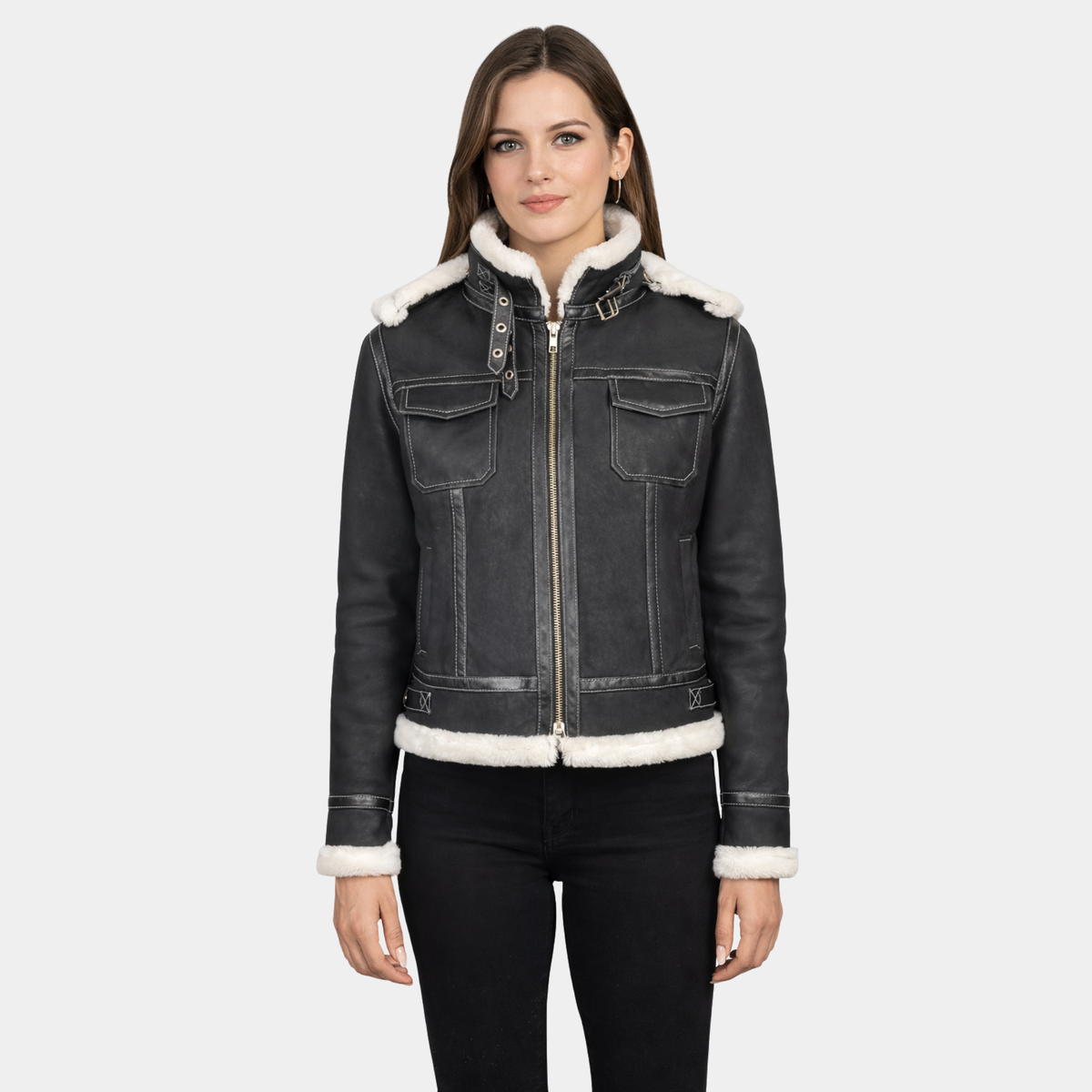 Fiona Black Hooded Shearling Leather Jacket