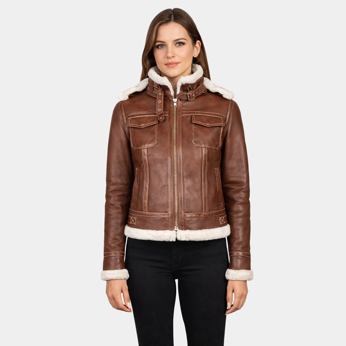 Fiona Brown Hooded Shearling Leather Jacket