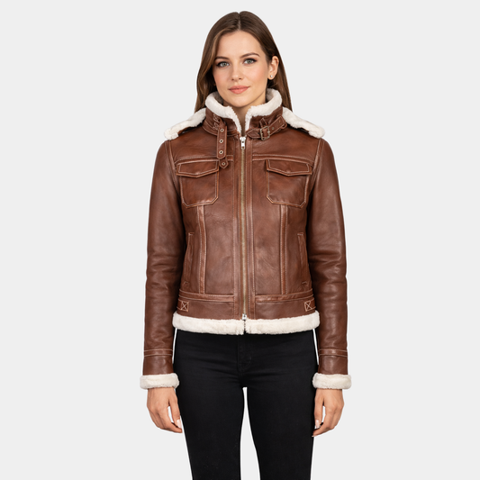 Fiona Brown Hooded Shearling Leather Jacket