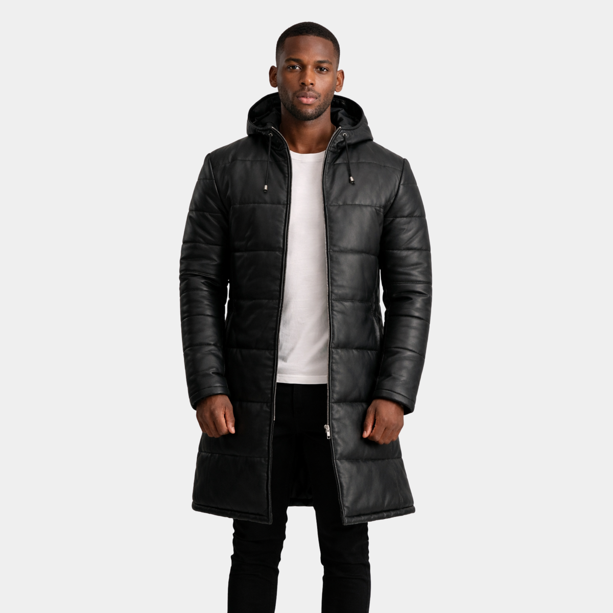 Floyd Black Hooded Leather Puffer Coat - Leather Clan